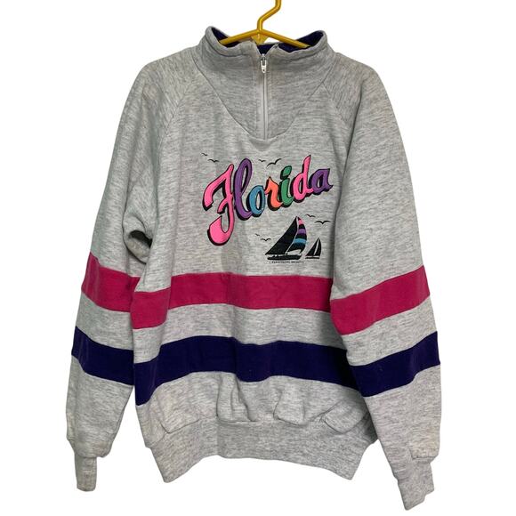 Sun Triangle Kids Vintage 1990’s Florida Neon Quarter Zip Sweatshirt Size L/XL - Picture 1 of 5